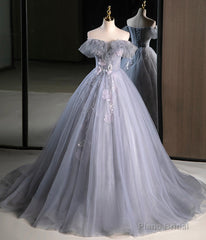 Gray A Line Off the Shoulder Appliques Tulle Long Prom Dress Evening Party Dress