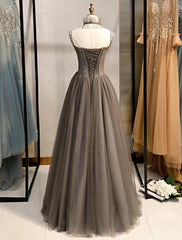 Gray A-Line Prom Dresses Open Back Dresses Formal Wedding Party Floor Length Sleeveless Spaghetti Strap Tulle with Pleats Crystals