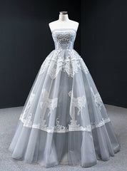 Gray Ball Gown Tulle Appliques Embroidery Strapless Prom Dress