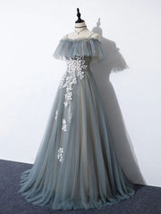 Gray Blue A line Tulle Lace Long Prom Dress, Gray Blue Graduation Dresses