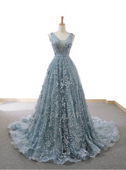 Gray Blue Ball Gown Tulle Appliques V-neck Backless Prom Dresses