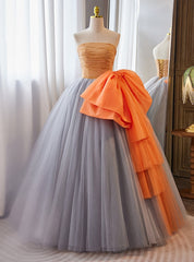 Gray Orange Tulle Strapless Pleats Beading Quinceanera Dresses