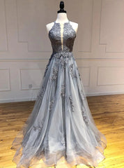 Gray Tulle Appliques Halter Backless Prom Dresses