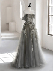 Gray Tulle Off the Shoulder Appliques Prom Dresses