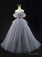 Gray Tulle Off the Shoulder Pleats Beading Prom Dress