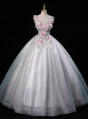 Gray Tulle Sequins 3D Flower Quinceanera Dresses