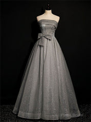 Gray Tulle Sequins Strapless Pleats Beading Prom Dress