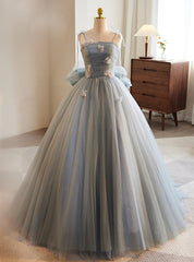 Gray Tulle Spaghetti Straps Flower Prom Dresses