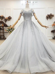 Great Choice Gray Ball Gown Tulle Straps Sleeveless Beading Sequins Wedding Dresses