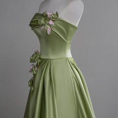 Green A-line Satin with Flowers Long Evening Dress, Green Satin Prom Dress