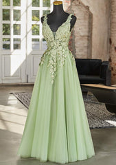 Green A-line V-neckline Tulle with Lace Long Party Dresses, Green Tulle Prom Dresses