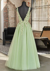 Green A-line V-neckline Tulle with Lace Long Party Dresses, Green Tulle Prom Dresses