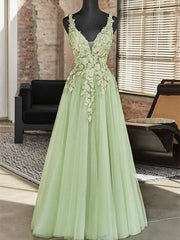 Green A-line V-neckline Tulle with Lace Long Party Dresses, Green Tulle Prom Dresses