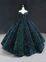 Green Ball Gown Sequins Off the Shoulder Luxury Prom Dresses