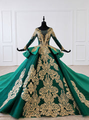 Green Bll Gown Satin Gold Appliques Long Sleeve Backless Wedding Dress