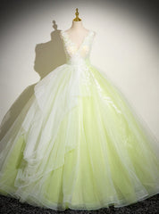 Green Deep V-neck Lace Quinceanera Dresses