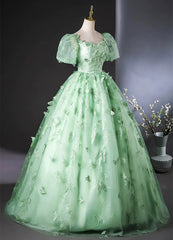 Green Flower Lace Long Prom Dresses with Sleeves, Green Formal Dresses