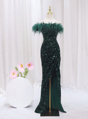 Green Mermaid Sequins One Shoulder Feather Prom Dresses