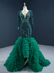 Green Mermaid Sequins Tulle Long Sleeve  Crystal Prom Dresses