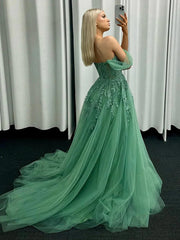 Green Off Shoulder Tulle Prom Dresses with Lace Applique, Green Sweetheart Party Dresses