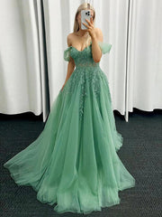 Green Off Shoulder Tulle Prom Dresses with Lace Applique, Green Sweetheart Party Dresses