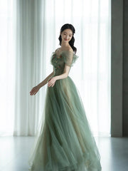 Green Off Shoulder with Flowers Tulle Long Party Dresses, Green Prom Dresses