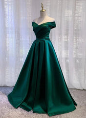 Green Satin A-line Off Shoulder Floor Length Party Dresses Green Prom Dresses prom Dresses shops