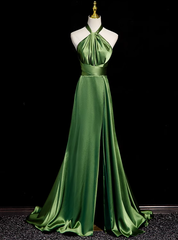 Green Satin Halter Backless Prom Dresses