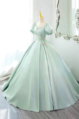 Green Satin Lace Long Prom Dresses, Beautiful A-Line Short Sleeve Evening Party Dresses