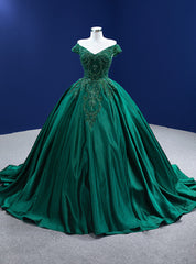 Green Satin Off the Shoulder Appliques Beading Prom Dresses