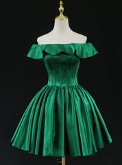 Green Satin Off the Shoulder Homecoming Dresses