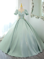 Green Satin Short Sleeve Square Neck Appliques Quinceanera Dresses