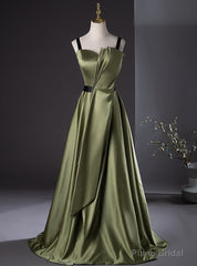 Green Satin Spaghetti Straps Pleats Prom Dress