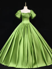 Green Satin Square Puff Sleeve Beading Quinceanera Dresses