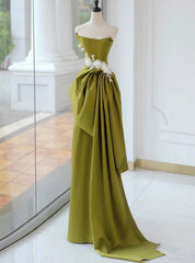 Green Satin Strapless Appliques Prom Dresses