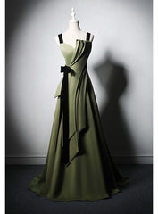 Green Satin Straps Pleats Black Velvet Prom Dresses