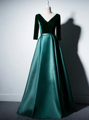 Green Satin Velvet Long Sleeve V-neck prom Dresses