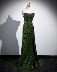 Green Sequins Mermaid Long Prom Dresses with Leg Slit, Green Sequins Party Dresses