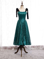 Green Sequins Straps Tea Length Prom Dresses