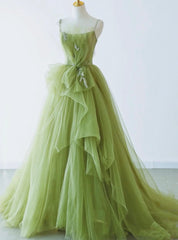 Green Spaghetti Strap Tulle Appliques Prom Dresses