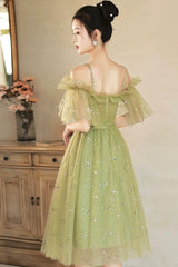 Green Spaghetti Strap Tulle Short Prom Dresses, Charming Knee Length A-Line Party Dresses