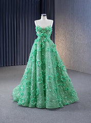 Green Spaghetti Straps 3D Flower prom Dresses