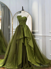 Green Strapless Satin Pleats Prom Dress