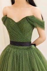 Green Sweetheart Shiny Tulle Off Shoulder Party Dress, Green Long Prom Dress