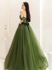 Green Sweetheart Shiny Tulle Off Shoulder Party Dress, Green Long Prom Dress