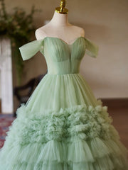 Green Sweetheart Tulle Off Shoulder Layers Long Formal Dresses, Green Sweet 16 Dresses