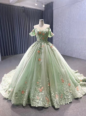 Green Tulle 3D Flower Off the Shoulder Prom Dresses