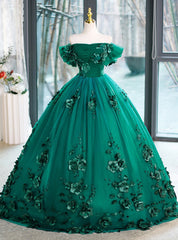 Green Tulle 3D Flower Off the Shoulder Quinceanera Dresses