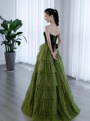 Green Tulle Layers Strapless A-line Long Party Dresses, Green Tulle Prom Dresses Evening Dresses