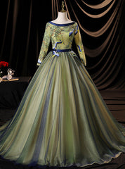 Green Tulle long Sleeve Embroidery Appliques Quinceanera Dresses